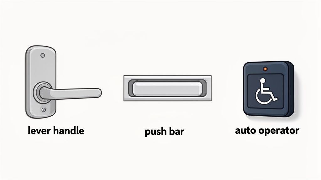 Three door opening mechanisms: a lever handle, a push bar, and an automatic door operator with a wheelchair symbol.