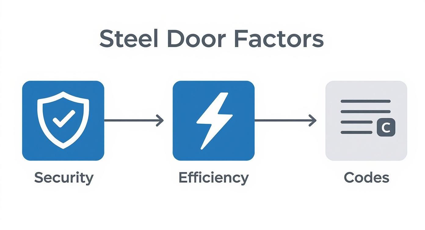 Diagram illustrating steel door factors: Security (shield), Efficiency (lightning bolt), and Codes (document).