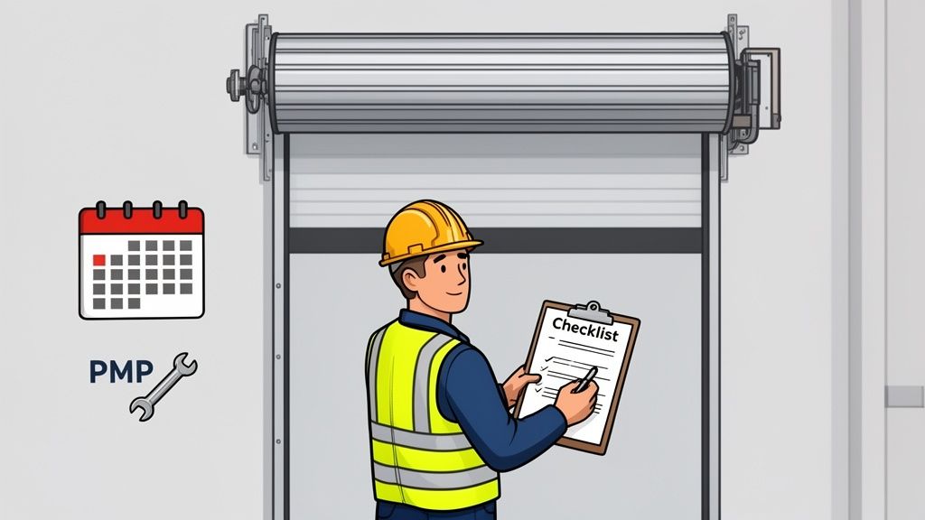 A technician in a hard hat and safety vest checks a maintenance checklist for a commercial overhead door.