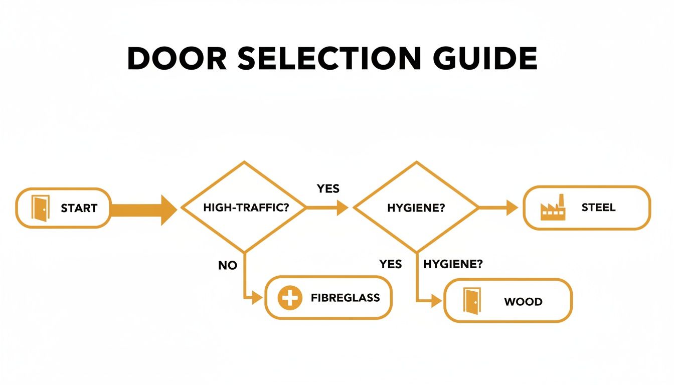 Infographic decision tree comparing fibreglass vs steel doors based on high-traffic and hygiene needs.