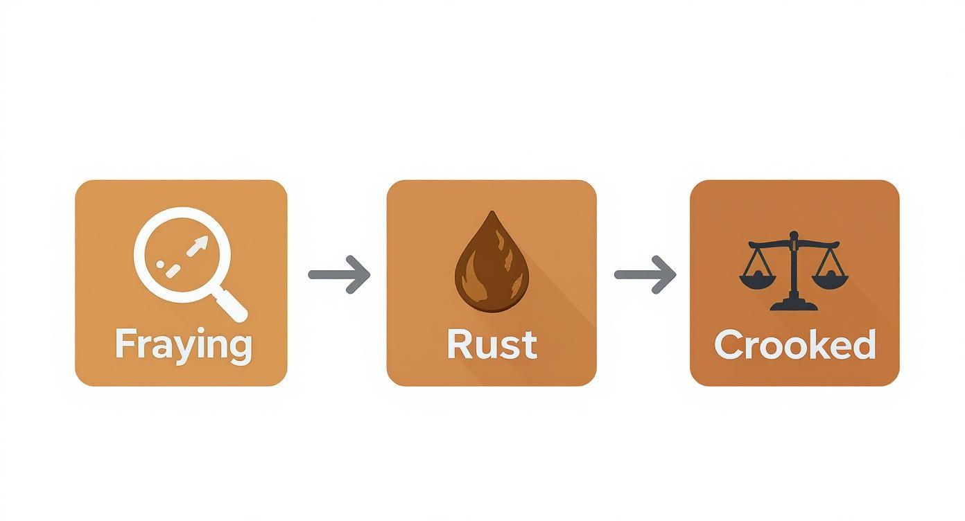 A visual sequence showing three icons for Fraying, Rust, and Crooked, representing damage progression.