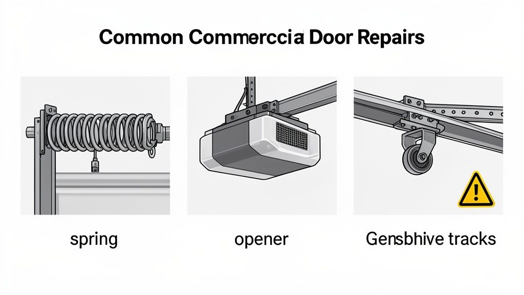 Illustrations showing common commercial garage door repair components like springs, openers, and tracks.