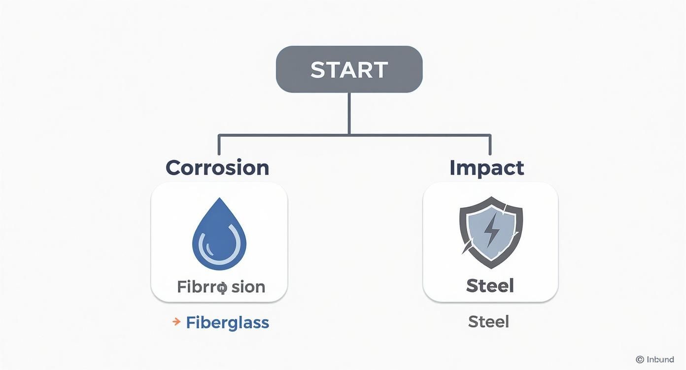 An infographic decision tree helping users choose between a fiberglass and steel door based on their priority, either corrosion resistance or impact strength.