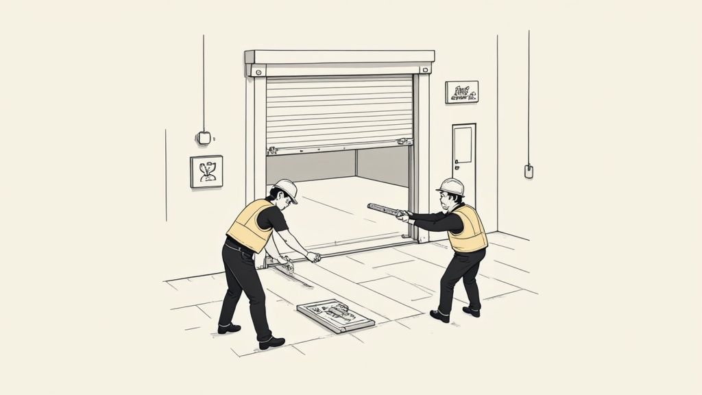 Two workers in hard hats and safety vests are installing a commercial garage roller door, with tools on the floor.