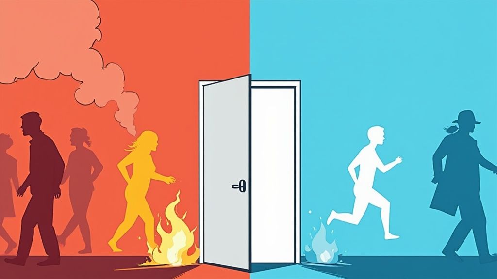 Silhouettes fleeing a fiery red scene through an open door to a peaceful blue environment.