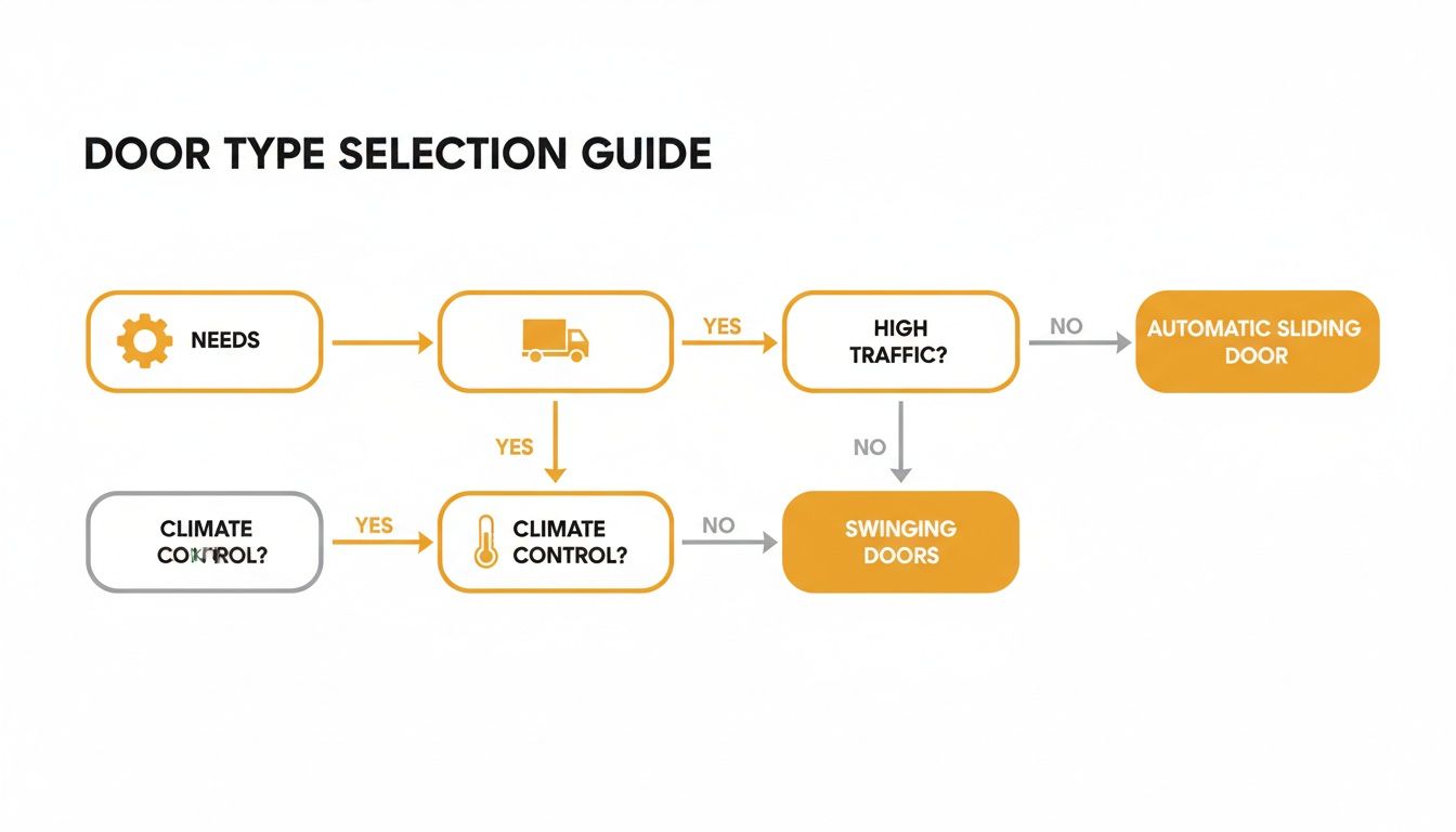 Flowchart diagram guiding selection of commercial door types based on needs, traffic, and climate control.