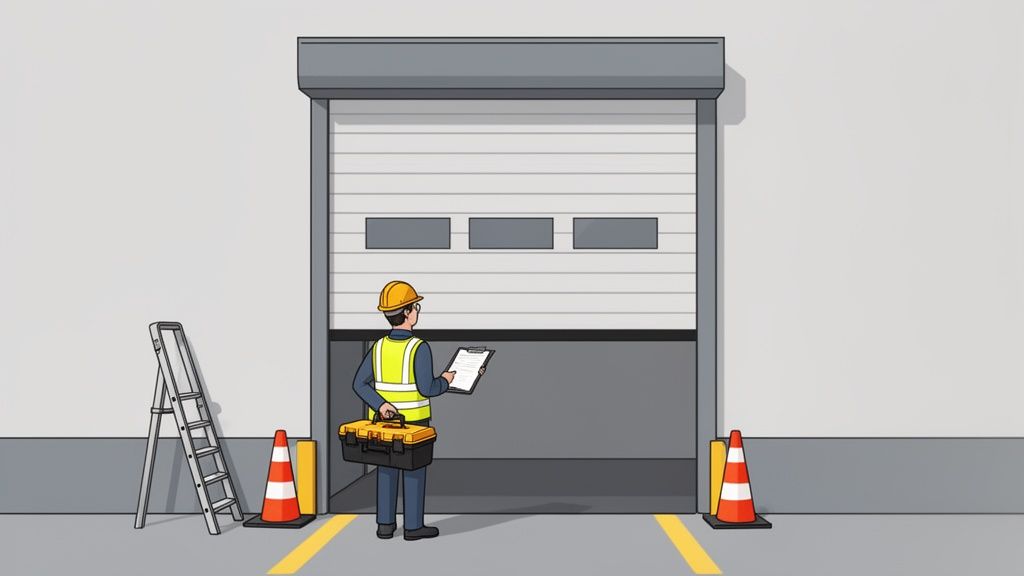 A worker in a hard hat and safety vest inspects a partially open commercial overhead door with tools nearby. Alt text: A technician inspects a commercial overhead door during a planned maintenance visit, highlighting the importance of professional service.