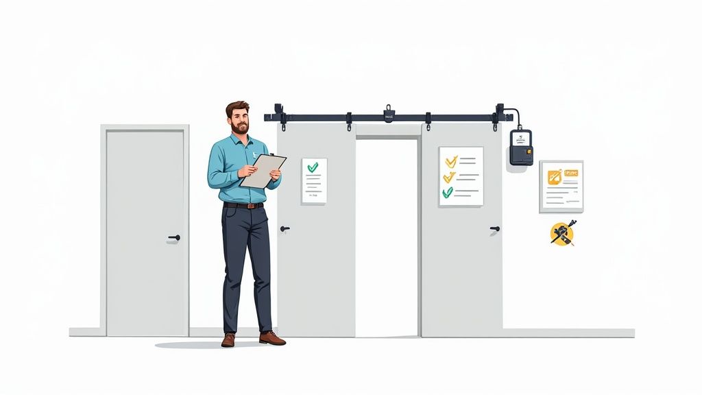 A man with a clipboard stands next to an automatic sliding door with checklists and a control panel.