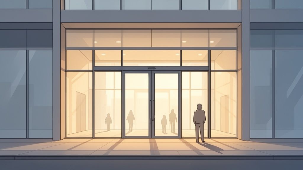 A person stands outside a brightly lit modern building with large glass doors and people inside.