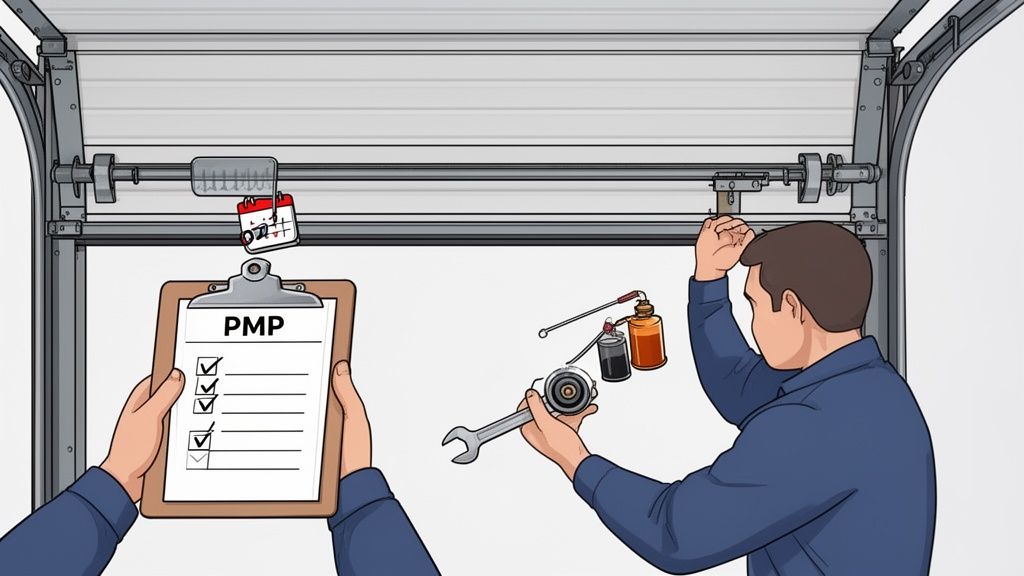 Hands hold a PMP checklist while a person lubricates and repairs a garage door mechanism.