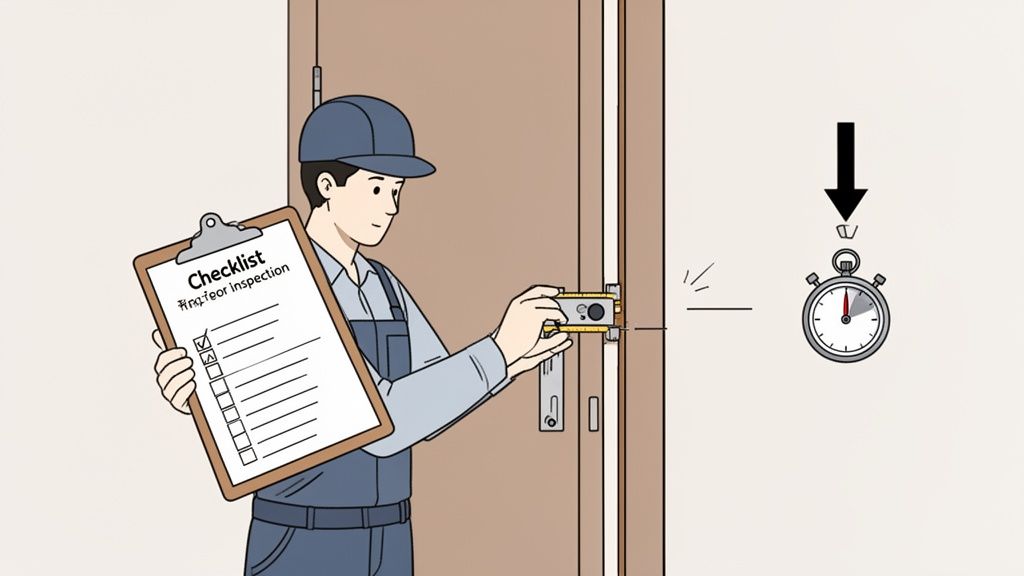 A worker uses a laser tool to inspect a door frame while holding an inspection checklist.