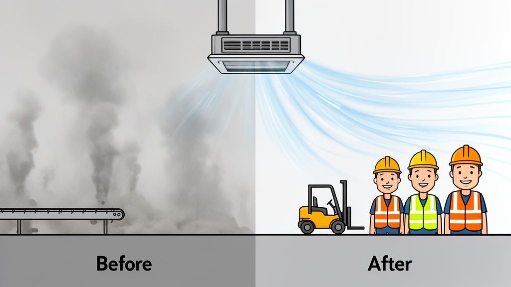 Before: smoky industrial environment with conveyor belt. After: clean air, happy workers, forklift, and ceiling air purifier.