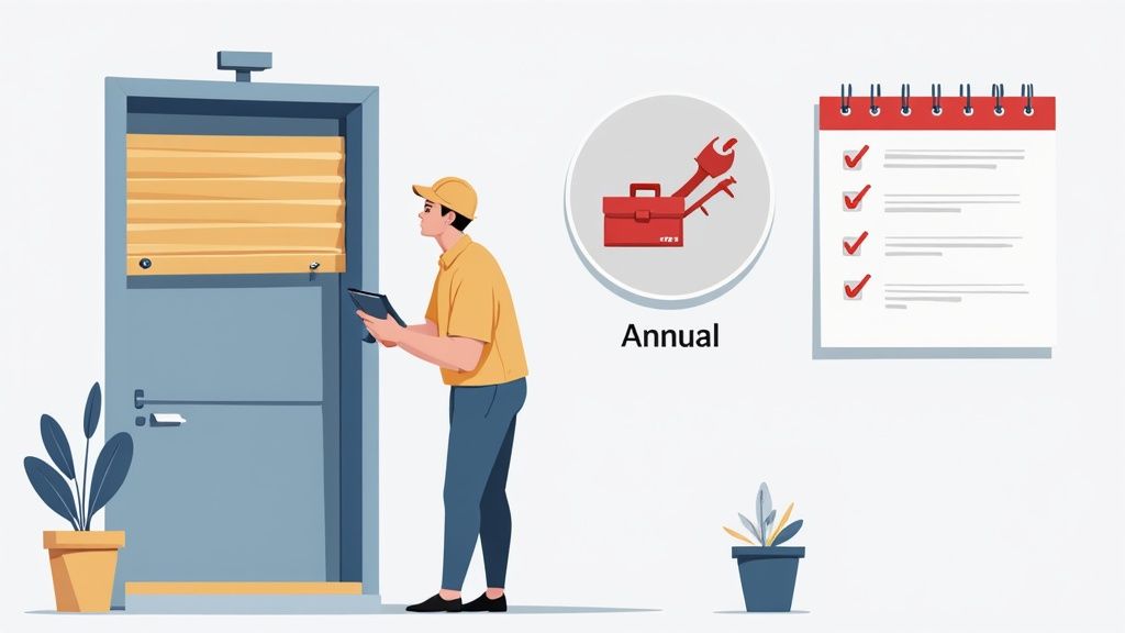 Technician performing annual maintenance inspection on fire shutter window with checklist and toolbox