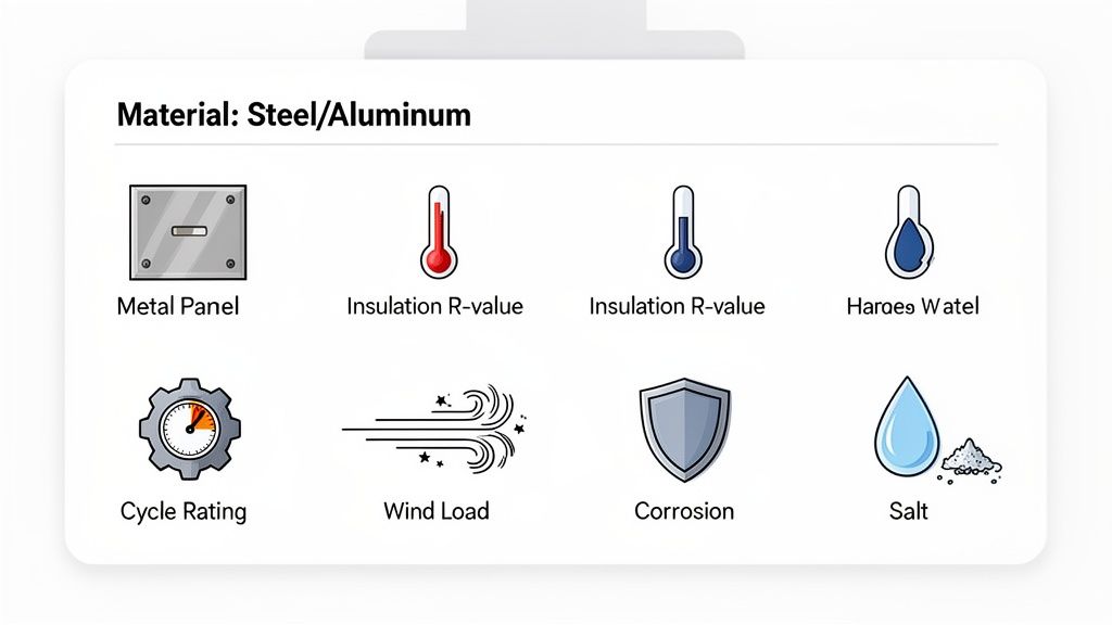 Visual list of material properties for steel/aluminum, including insulation, wind load, corrosion, and salt resistance.