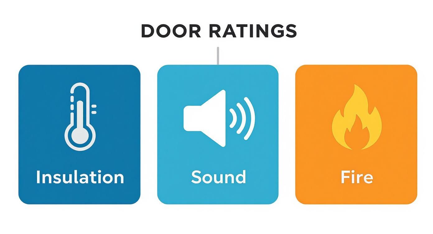 Graphic illustrating door ratings for insulation (thermometer), sound (speaker), and fire (flame).
