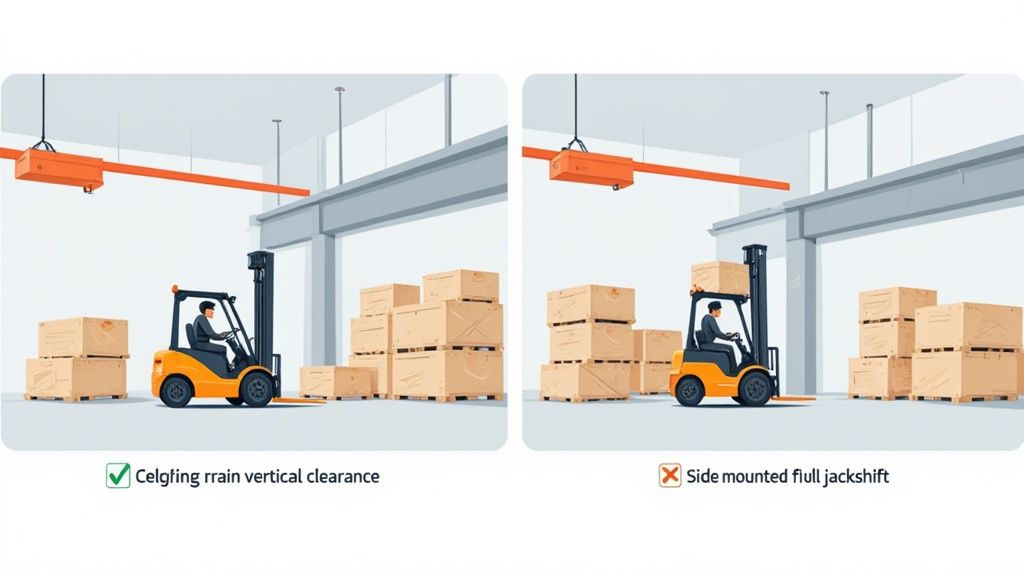 Warehouse forklift operations showing proper ceiling clearance versus problematic side mounted equipment installation