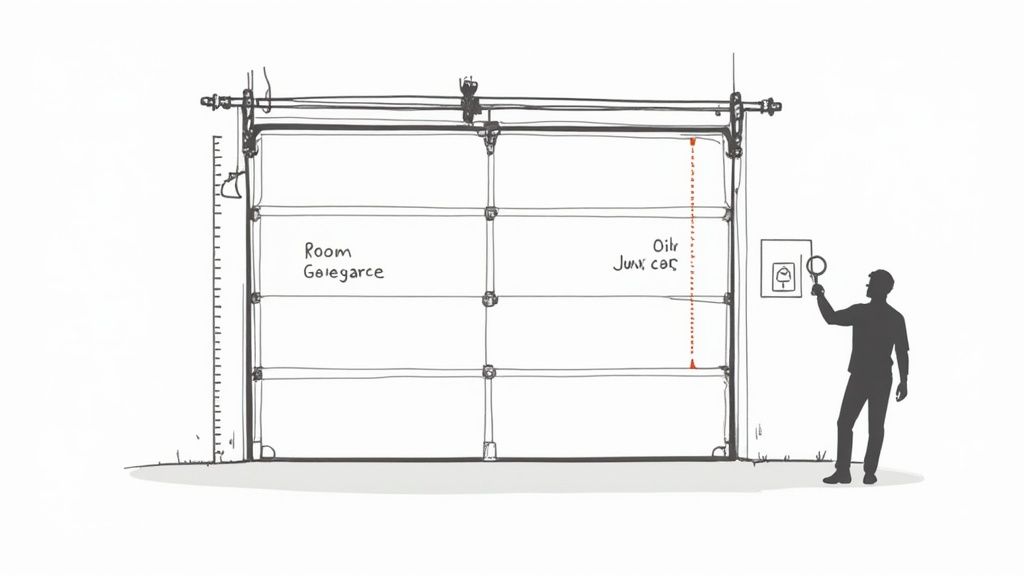 Side-mounted garage door opener installed on track showing room for oil can storage