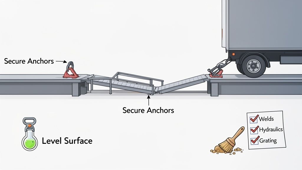 An articulated dock loading ramp securely anchored, connecting to a truck, with a checklist for welds, hydraulics, and grating.