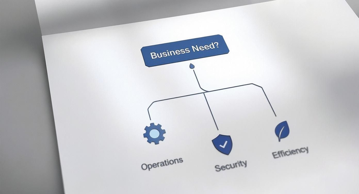 An infographic decision tree helping to choose a commercial garage door based on business needs like operations, security, or efficiency.