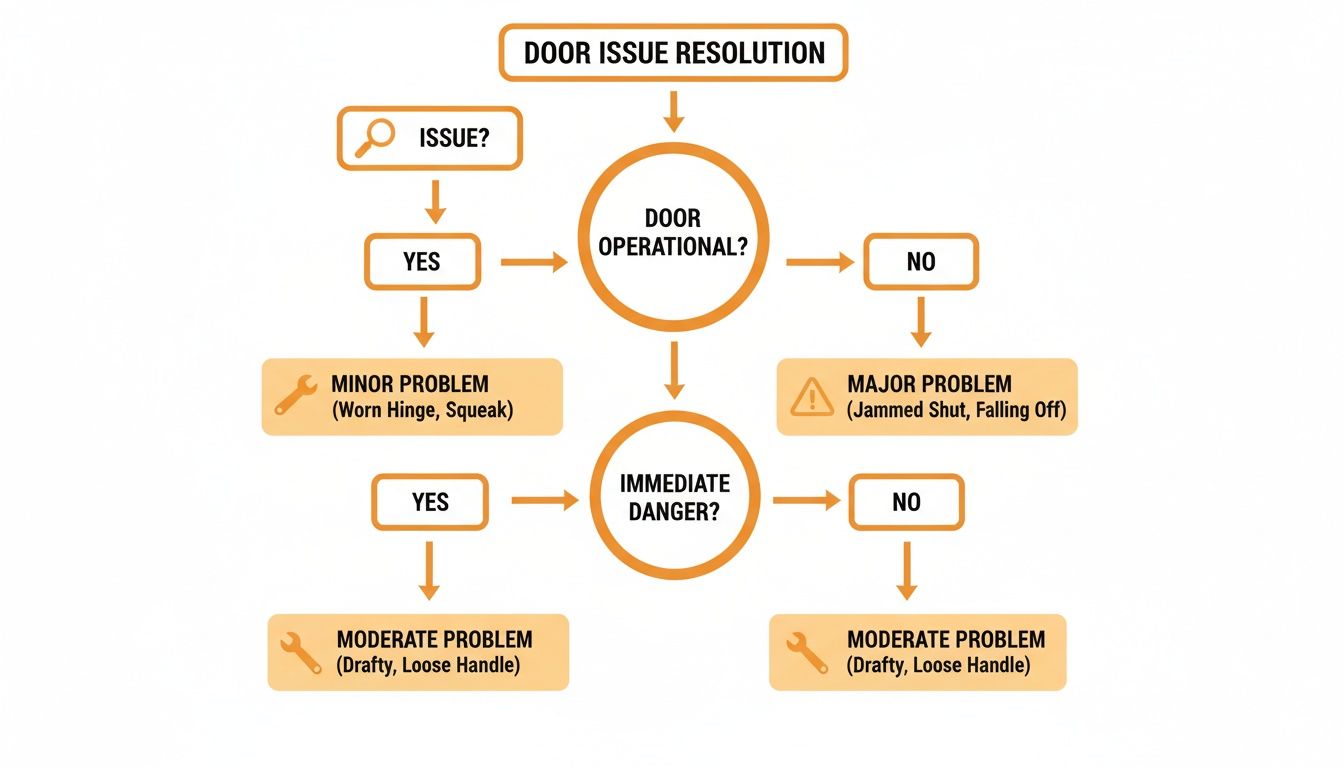Flowchart detailing a door issue resolution process, classifying problems based on operational status and danger.