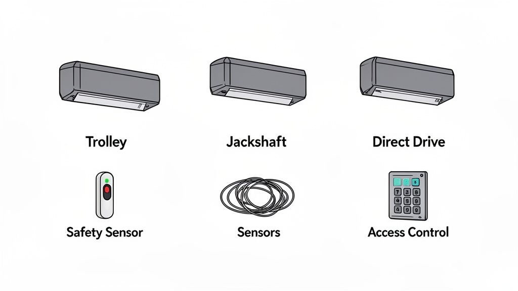 Illustrated types of garage door openers including trolley, jackshaft, direct drive, with safety sensors and access control.