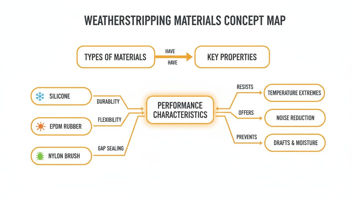 Concept map illustrating types of weatherstripping materials, their performance characteristics, and key properties.