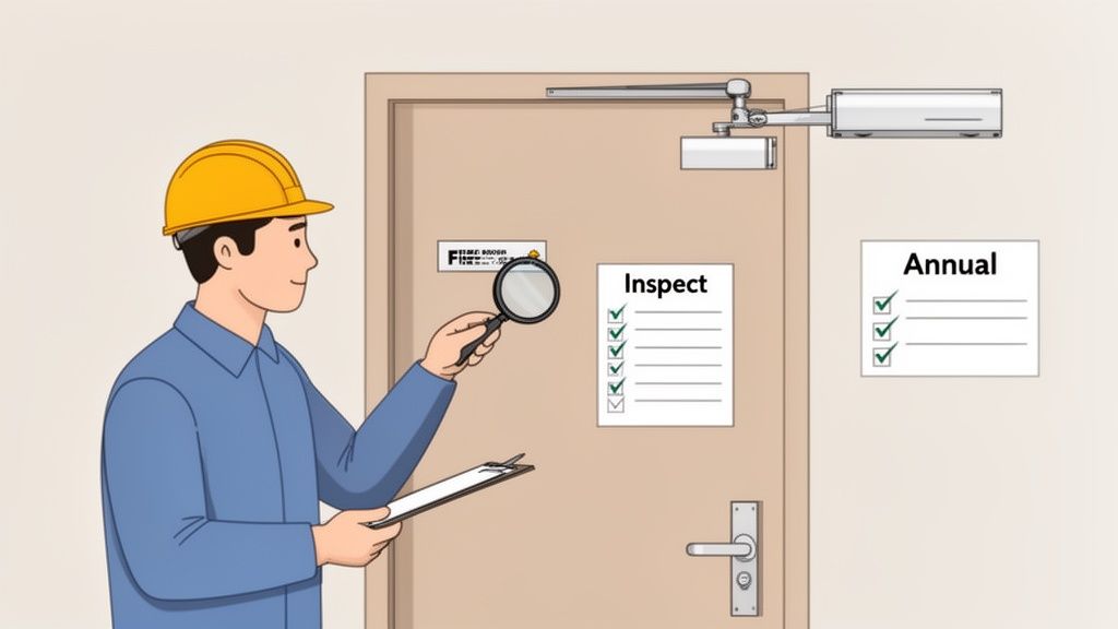 A man in a hard hat inspects a fire door with a magnifying glass and clipboard, checking off inspection lists.