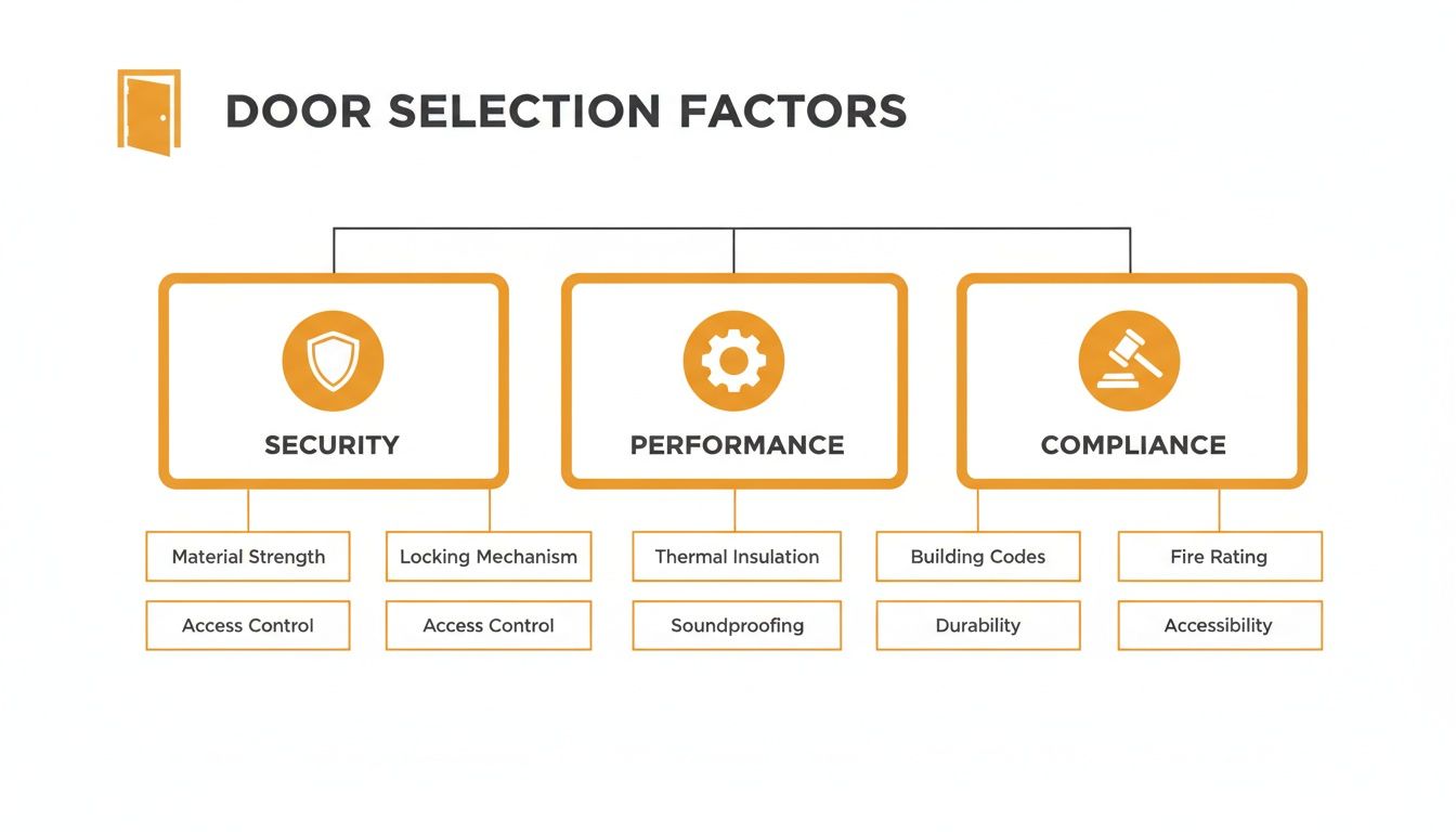 Diagram illustrating key door selection factors categorized into security, performance, and compliance with sub-factors.
