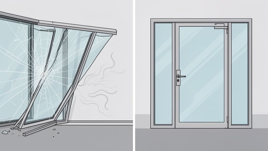 A damaged glass wall with a central crack and dislodged panels next to an intact glass door system.