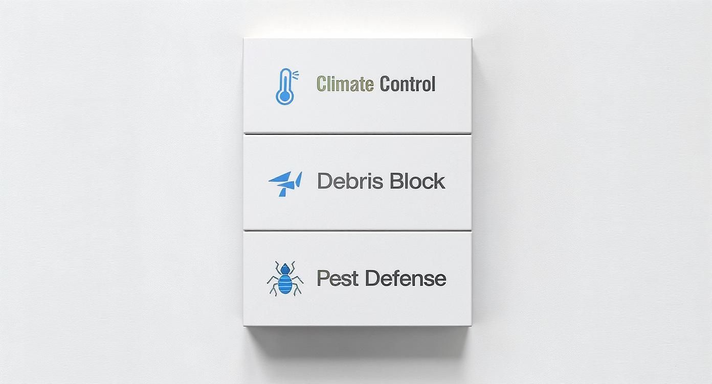 Infographic summarizing the benefits of perimeter sealing, including climate control, debris blocking, and pest defense, with corresponding icons.