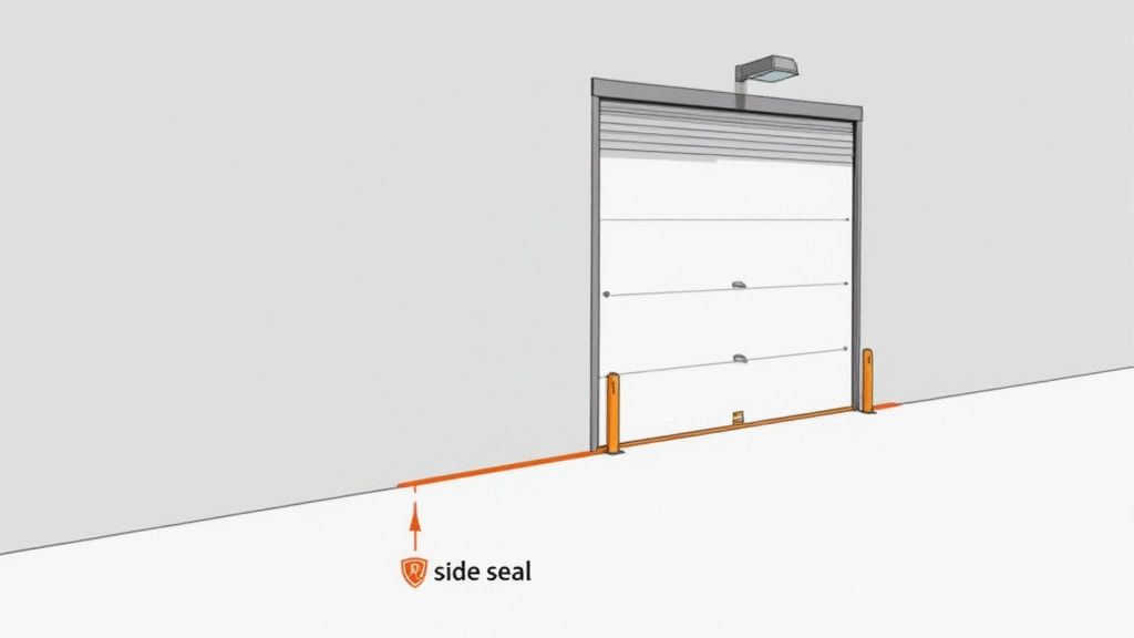 A close-up of a commercial garage door side seal, showing the vinyl material creating a tight barrier against the door track.