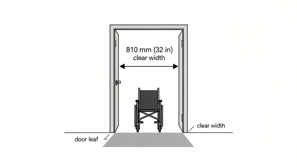 Diagram illustrating an 810 mm (32 inch) clear door width for wheelchair accessibility.