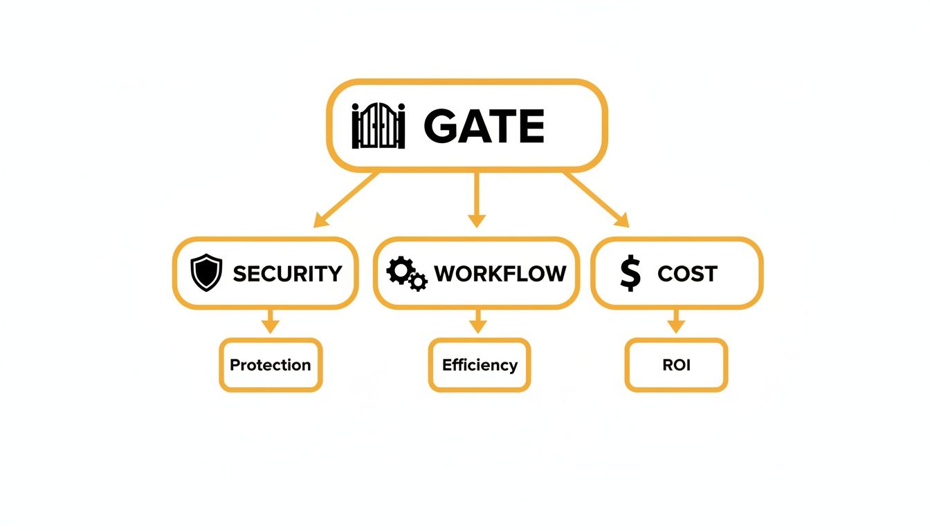 Flowchart of GATE benefits, including Security for Protection, Workflow for Efficiency, and Cost for ROI.