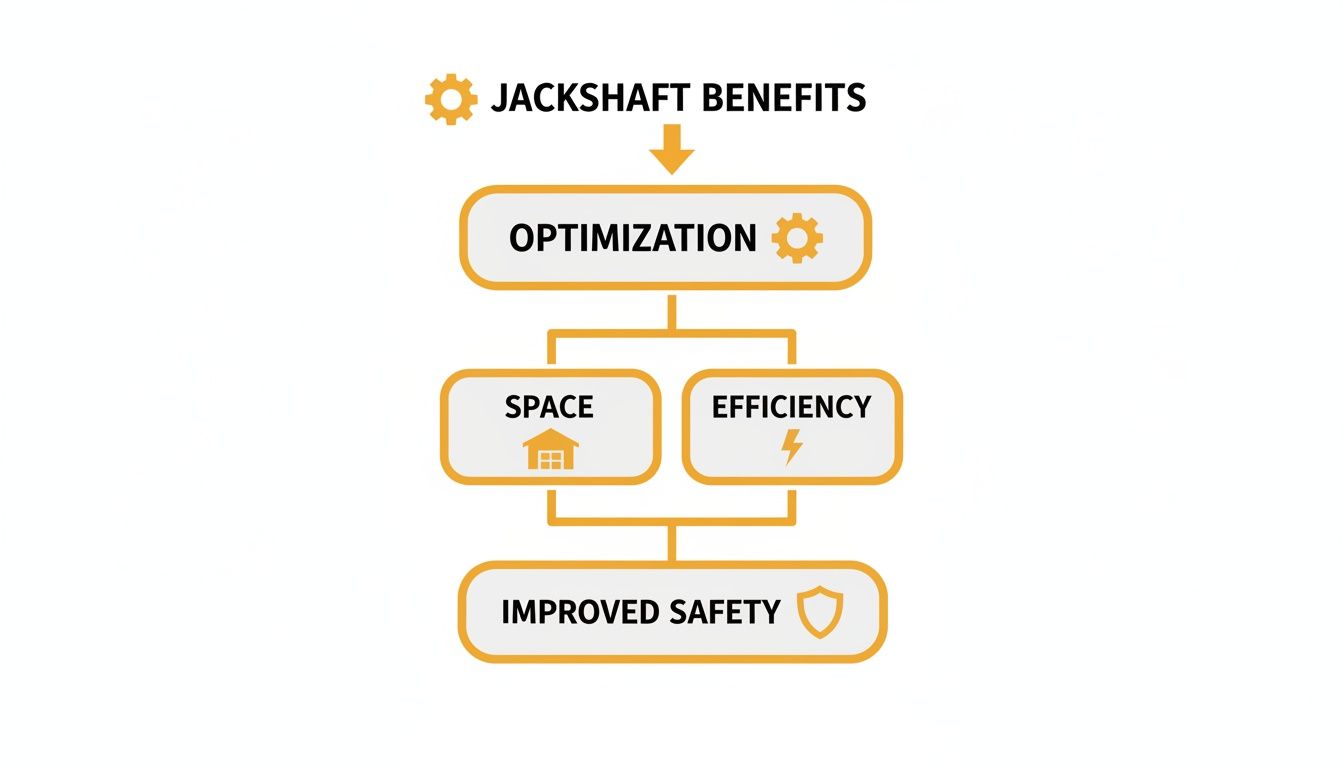 A flowchart detailing jackshaft benefits: optimization, space, efficiency, and improved safety.