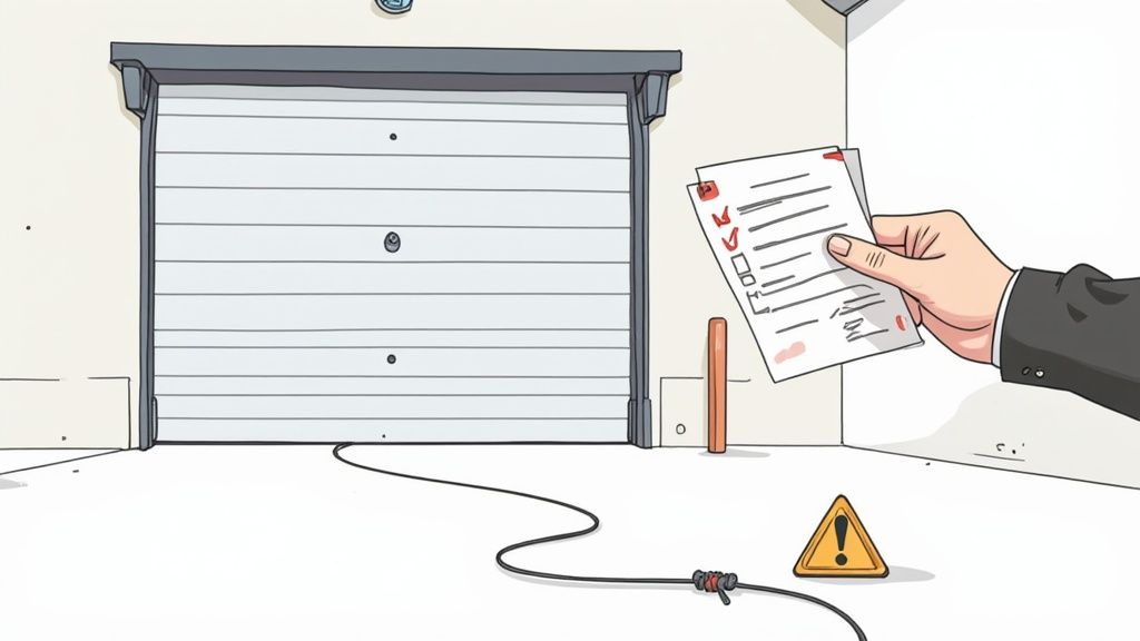 A technician performing maintenance on a commercial garage door's spring system.