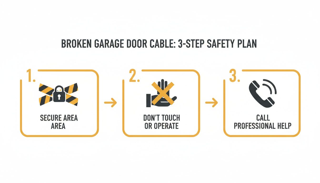 Infographic detailing 3 safety steps for a broken garage door cable: secure, don't touch, call help.