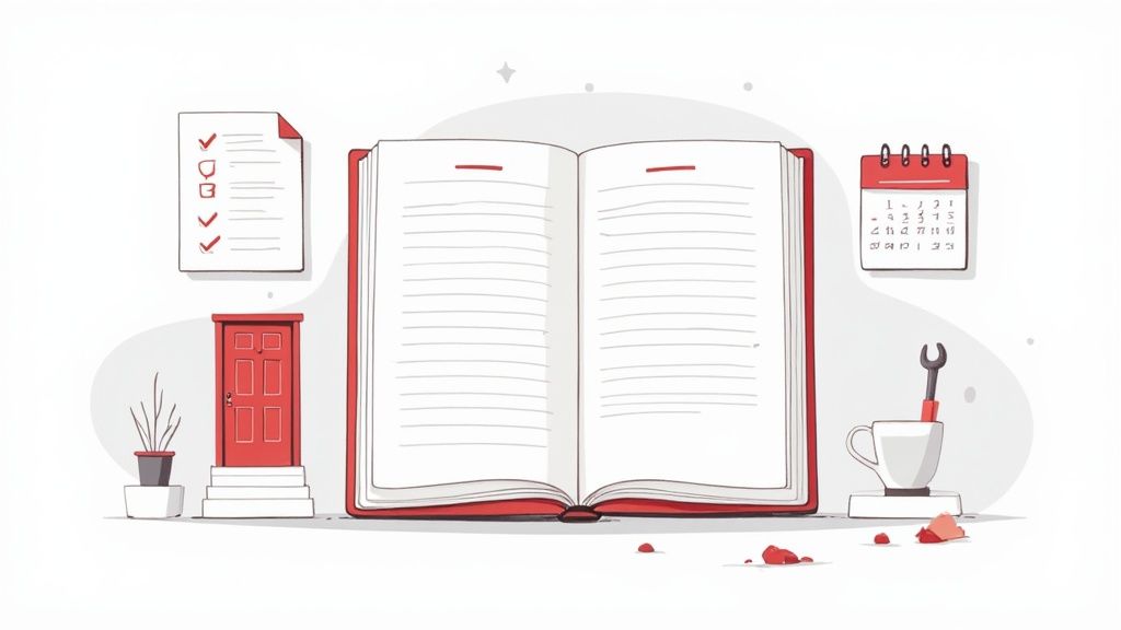 Minimalist illustration of a productive workspace with an open book, checklist, calendar, and a red door.