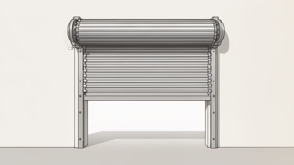 A detailed illustration of a partially opened roll-up steel door, showing its internal mechanism.
