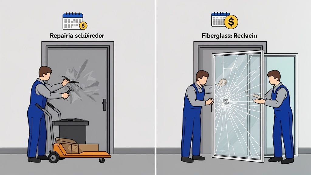 A maintenance worker inspecting a commercial door, representing lifecycle costs and repairability.
