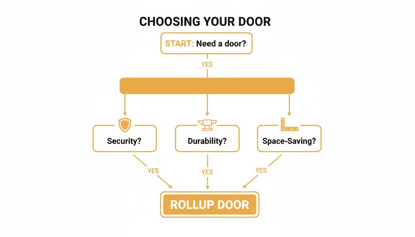 Flowchart showing how to choose a Rollup Door based on needs like security, durability, and space-saving.
