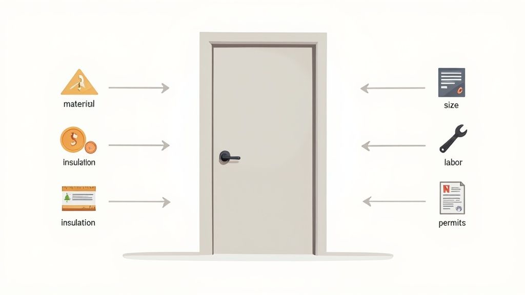 An infographic showing a door with arrows pointing to factors like material, insulation, size, labor, and permits, influencing installation costs.