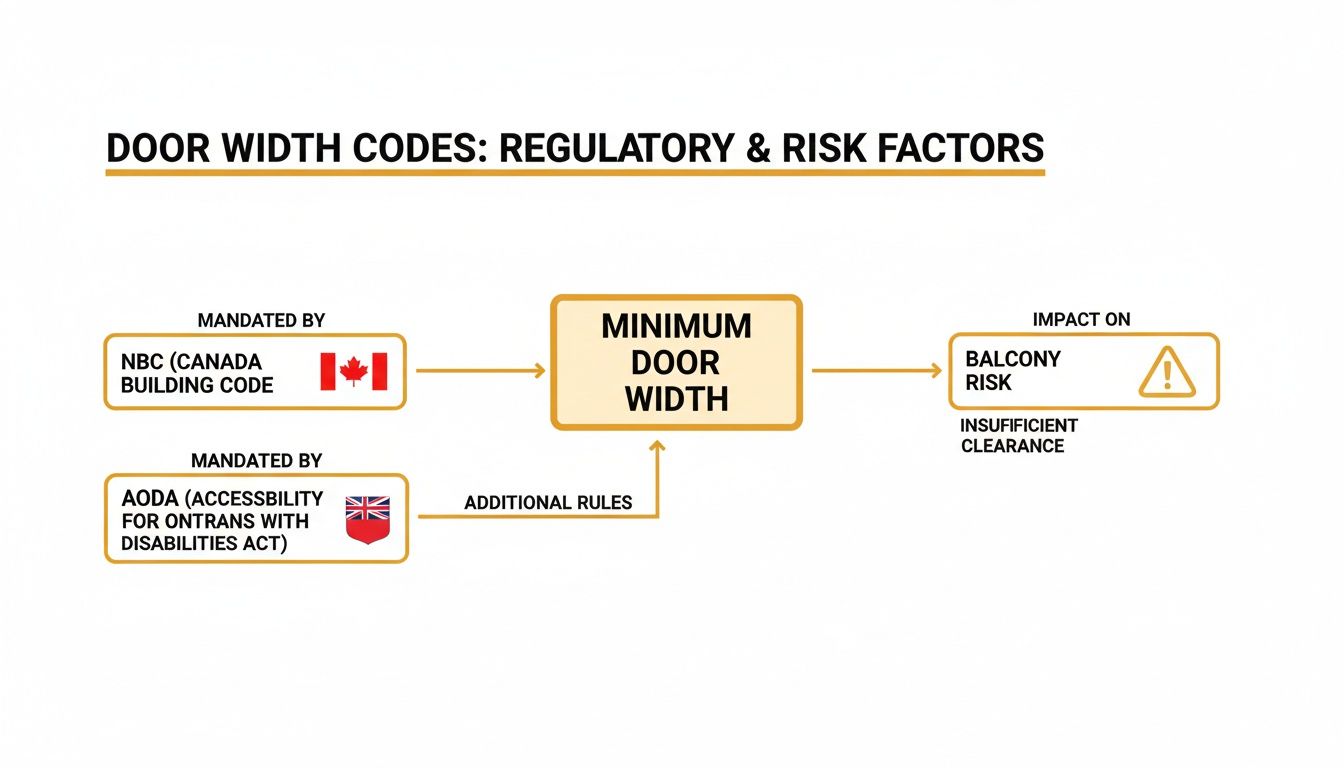 Diagram illustrating minimum door width regulations from Canadian building codes and accessibility acts, impacting balcony risk.