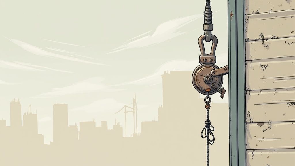 Close-up of a broken winder mechanism and tangled cable on a garage door, with a city skyline in the background.