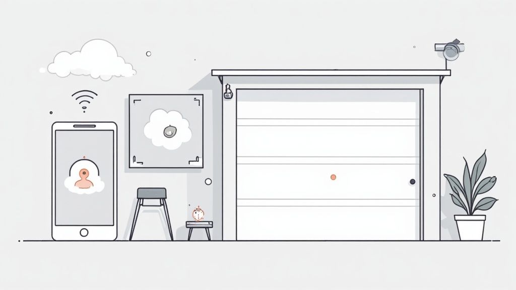 Technician working on a smart garage door operator panel. Alt text: A technician in a Wilcox uniform works on the control panel of a modern commercial garage door operator.