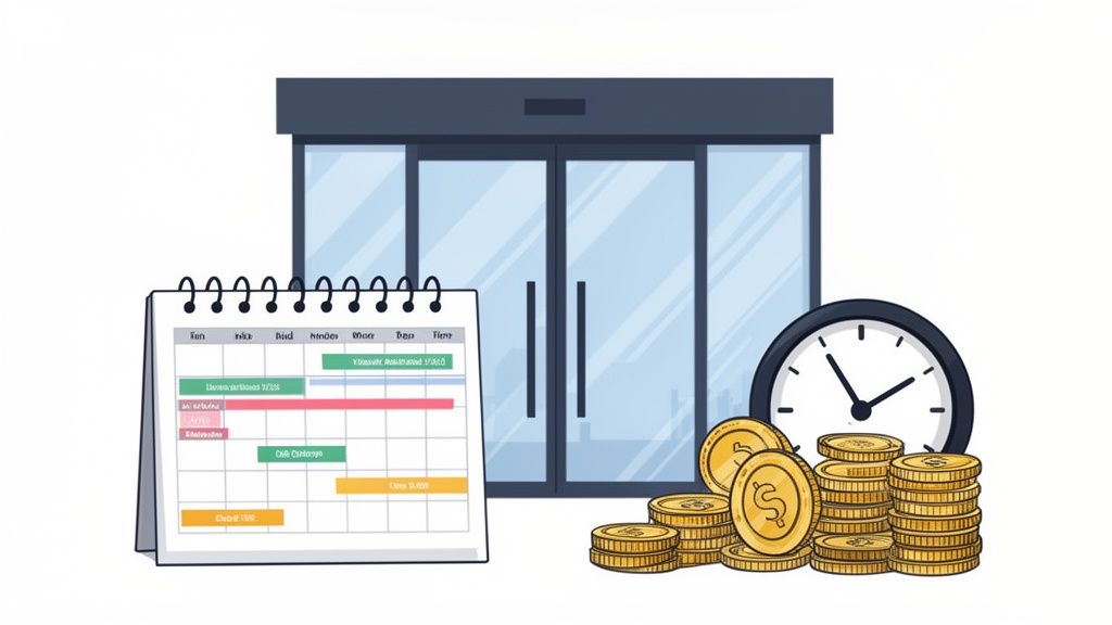 Illustration of a building with glass doors, a calendar, a clock, and stacks of gold coins.