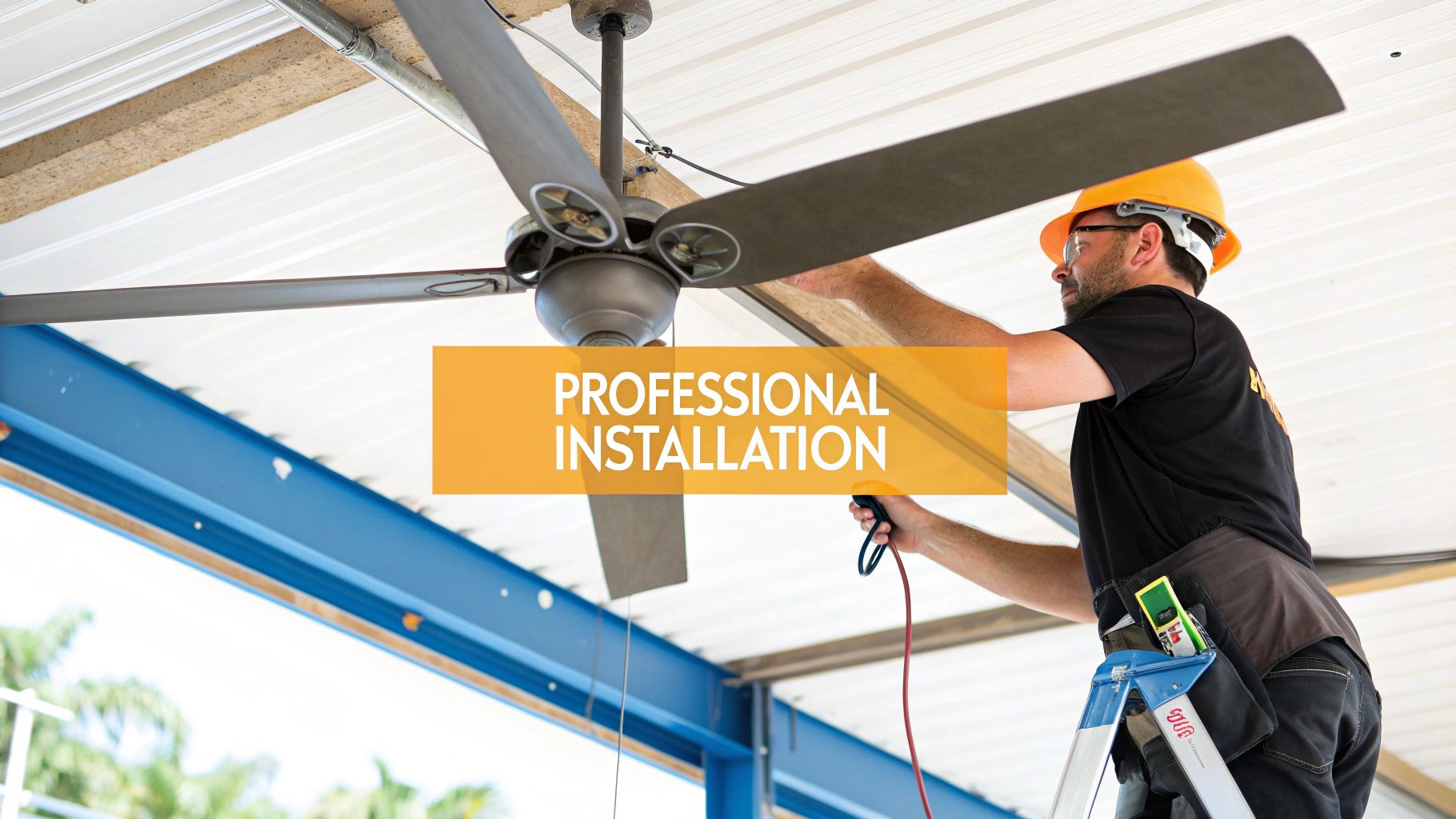 Technician installing an industrial ceiling fan high above the floor in a warehouse setting.