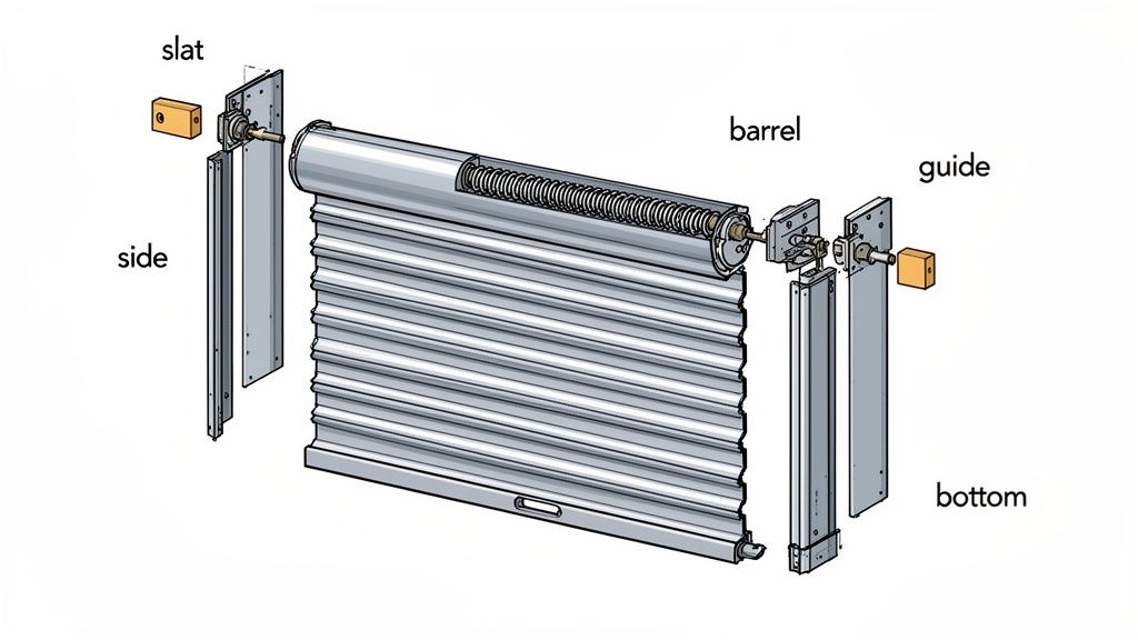 Exploded view of a roll-up steel door showing its main components: slat, side, barrel, guide, and bottom.