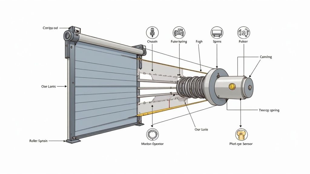 Detailed diagram illustrating the internal components and operational roller mechanism of a garage door.