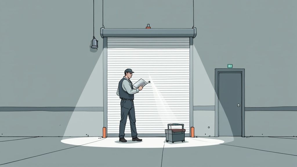 A maintenance worker inspects a large commercial roll-up garage door with a flashlight.