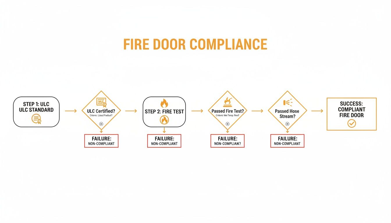 Flowchart illustrating the steps for fire door compliance, from ULC standard to successful fire door.